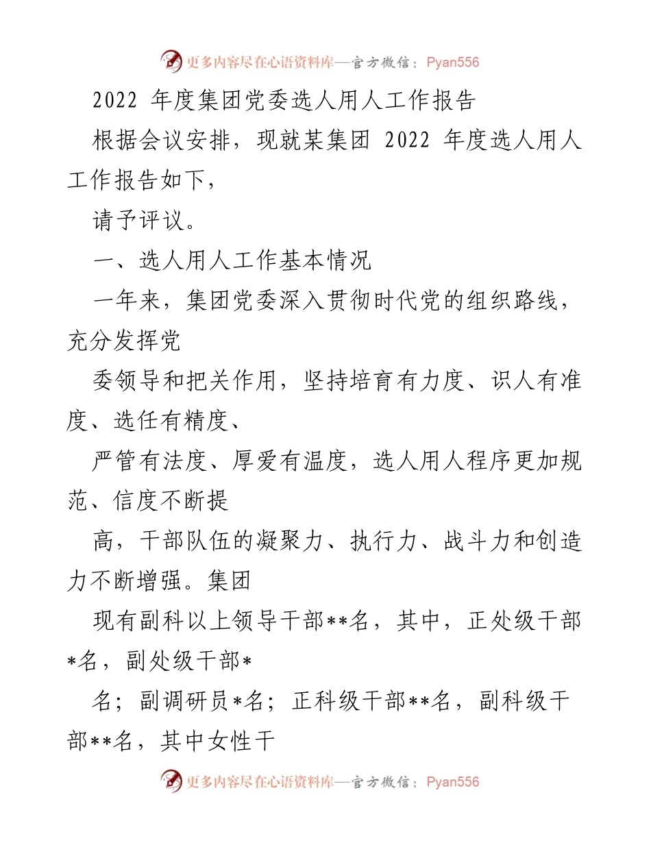 [工作总结] 党委会议 - 2022年度集团党委选人用人工作总结报告.docx_第1页