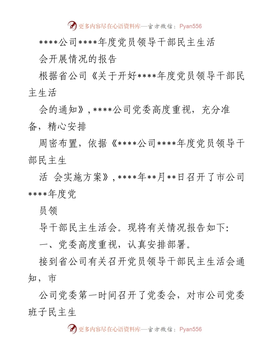 [工作总结] 党员领导干部民主生活会 - ____公司年度党员领导干部民主生活会开展情况报告.docx_第1页