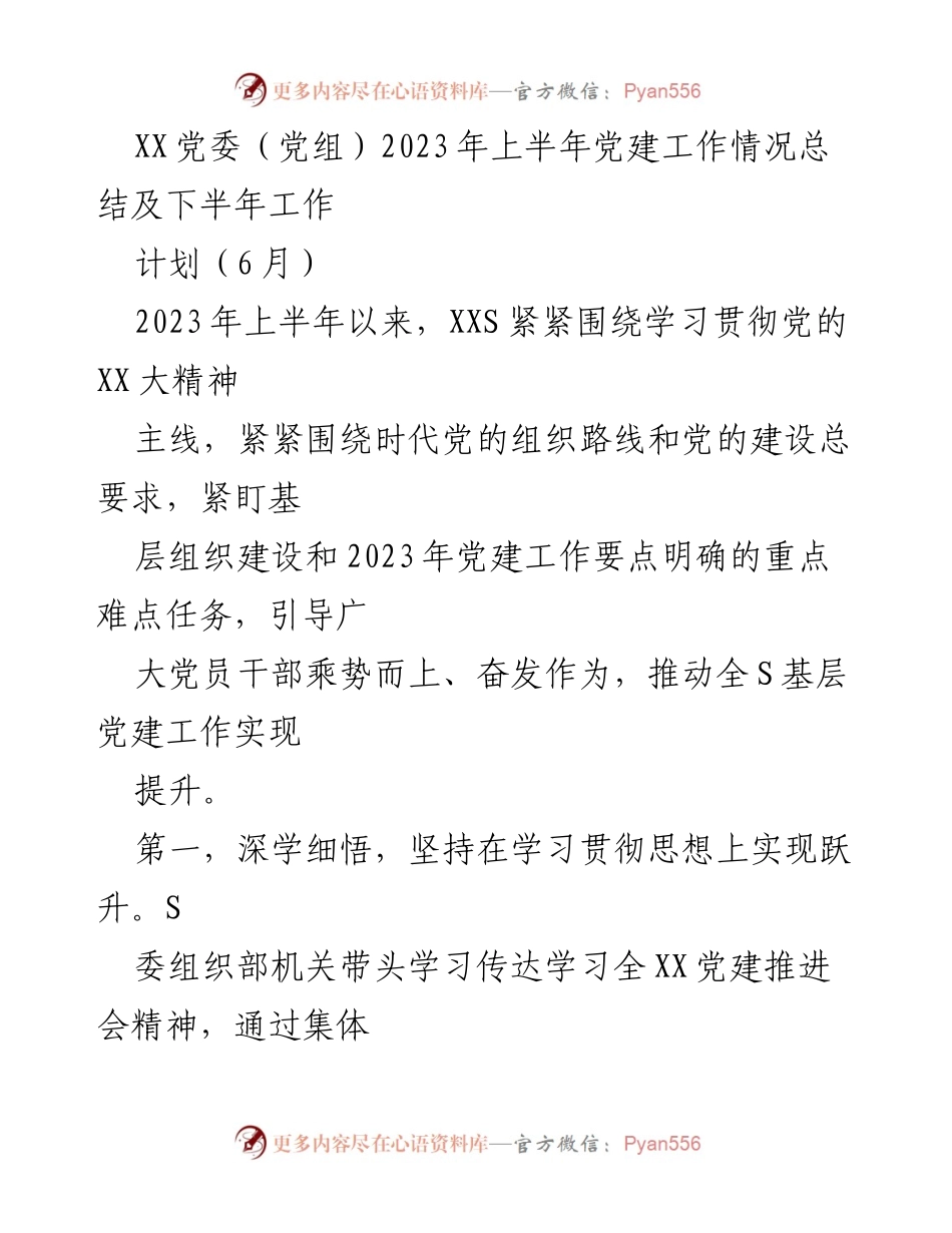 [工作总结] 党建工作 - 2023年上半年党建工作总结及下半年计划_3.docx_第1页
