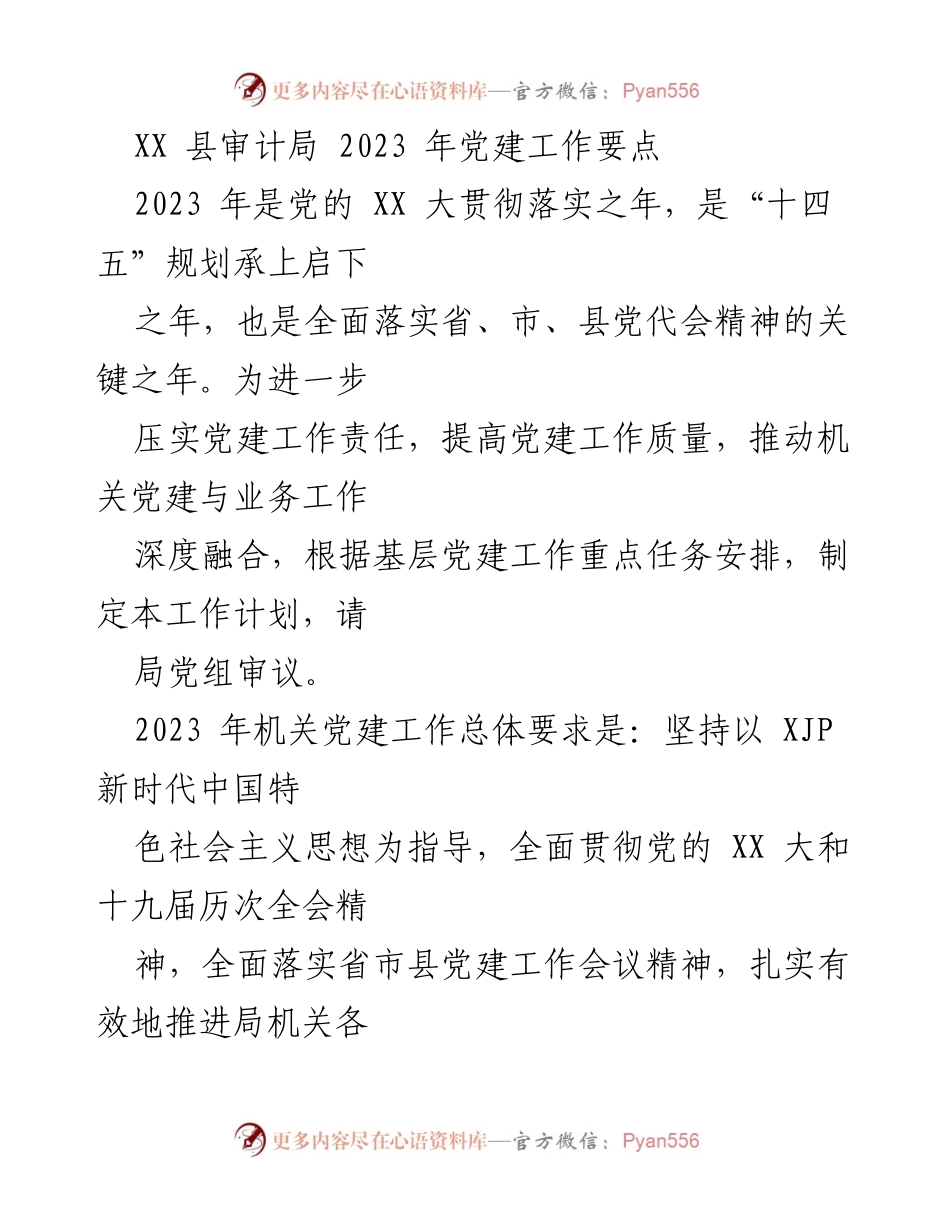 [工作总结] 党建工作会议 - 2023年XX县审计局党建工作要点总结.docx_第1页