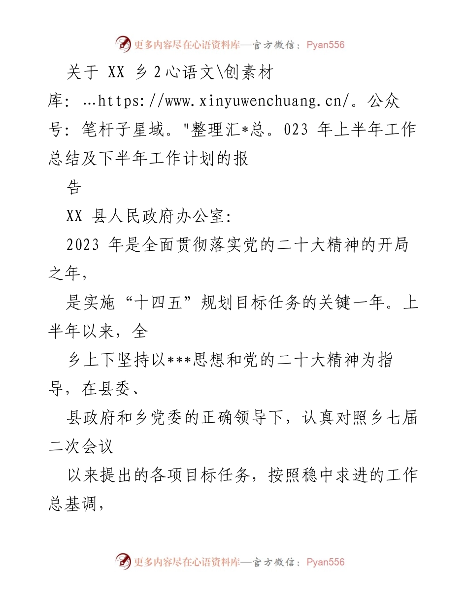 [工作总结] 乡镇政府 - XX乡2023年上半年工作总结及下半年工作计划报告.docx_第1页