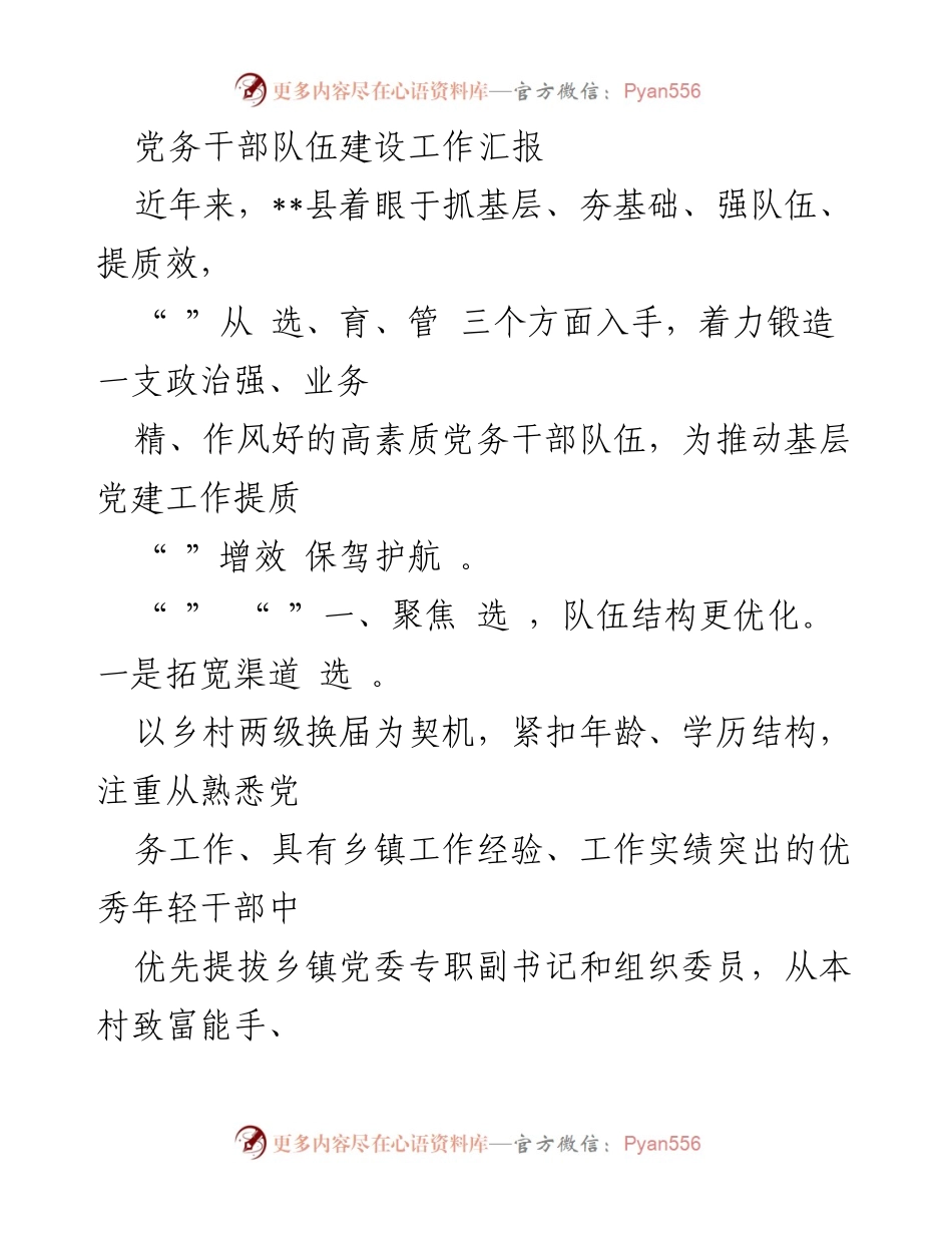 [工作总结] 党务干部队伍建设 - 提升党务干部素质与能力的工作汇报.docx_第1页