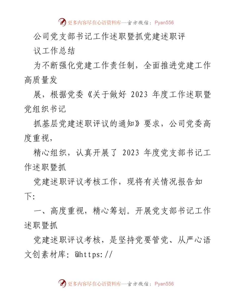 [工作总结] 党建工作 - 2023年度党支部书记述职评议工作总结.docx_第1页