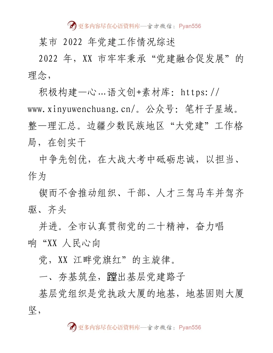 [工作总结] 党建工作 - 2022年某市党建工作情况综述.docx_第1页