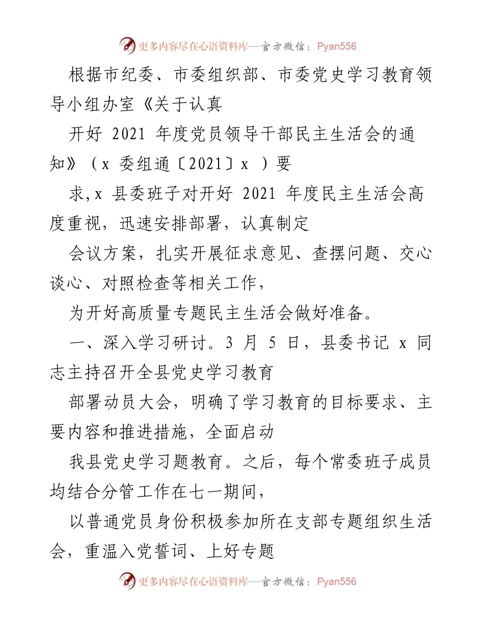 [工作总结] 党员领导干部民主生活会 - 2021年度民主生活会准备工作总结_1.docx_第1页
