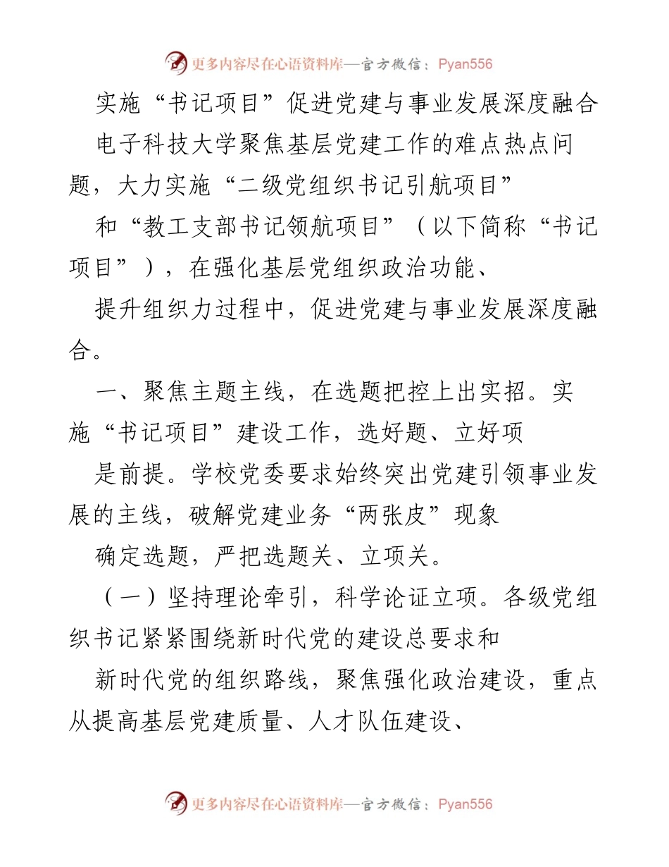 [工作总结] 党建工作 - 实施“书记项目”促进党建与事业发展深度融合.docx_第1页