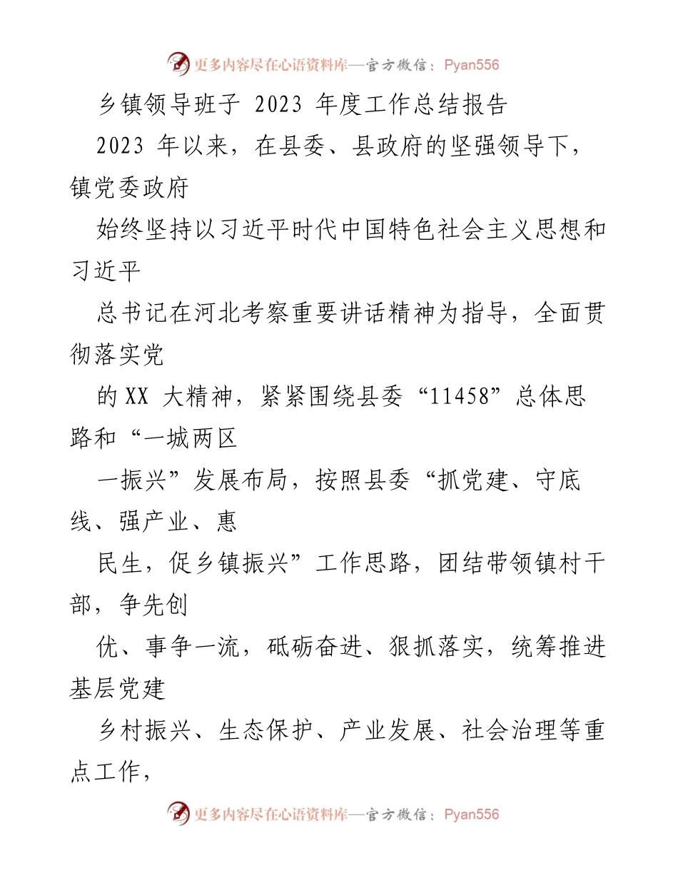 [工作总结] 乡镇年度总结 - 2023年度乡镇领导班子工作总结报告_2.docx_第1页