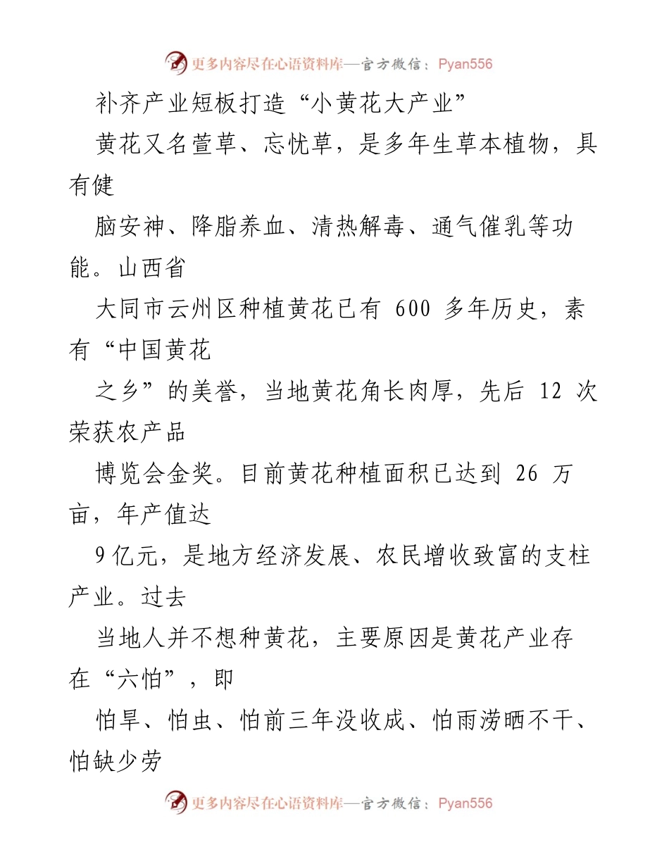 [工作总结] 产业发展 - 补齐短板，助力黄花产业高质量发展.docx_第1页