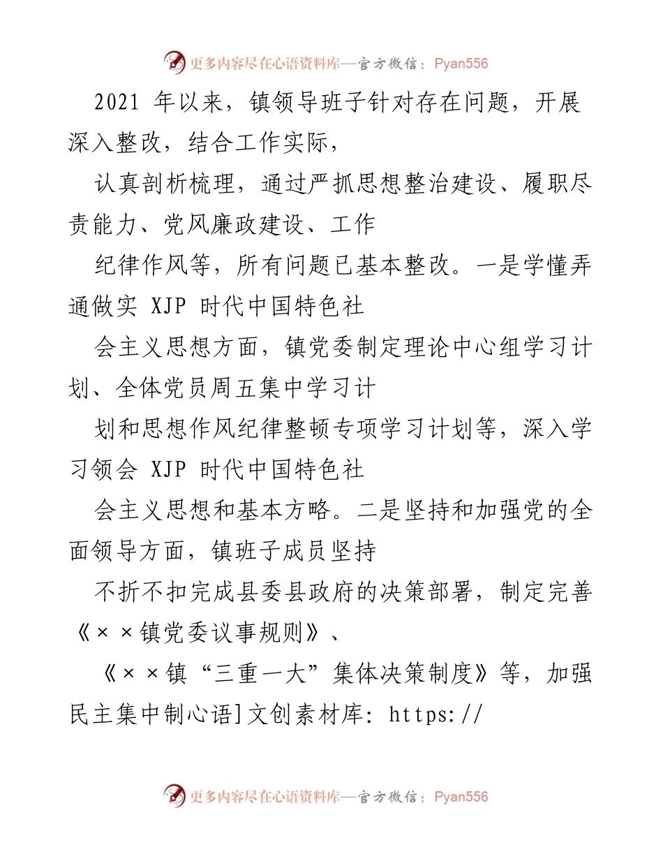 [工作总结] 党史学习教育专题民主生活会 - 镇领导班子对照检查与整改措施总结.docx_第2页