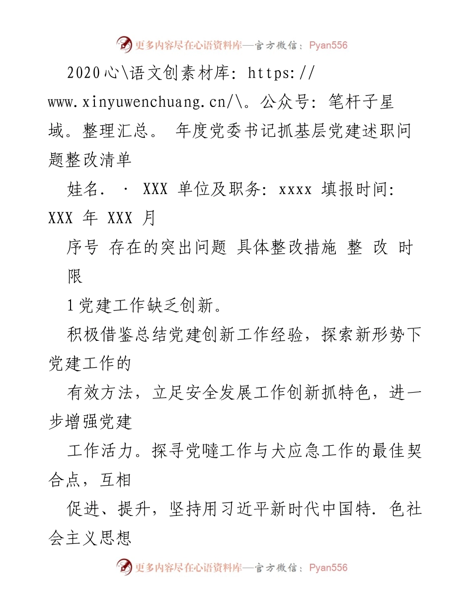 [工作总结] 党委书记年度述职 - 2020年度基层党建问题整改清单.docx_第1页