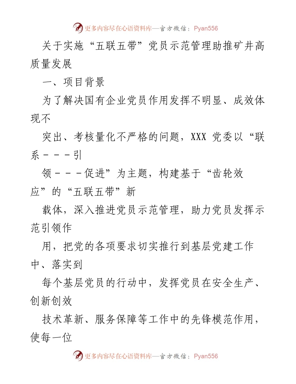 [工作总结] 党员管理 - 实施“五联五带”党员示范管理助推矿井高质量发展.docx_第1页