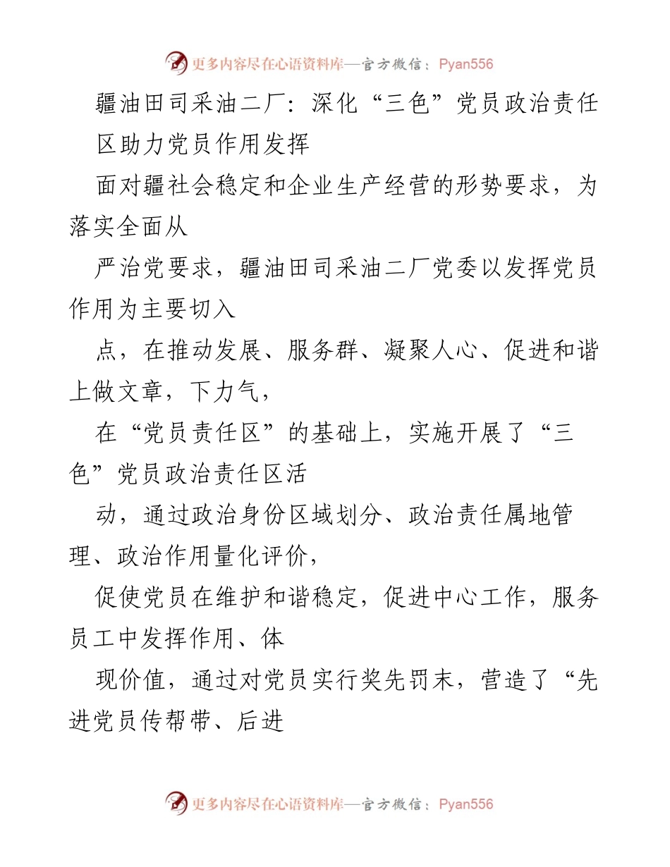[工作总结] 企业党建 - 深化“三色”党员政治责任，推动企业和谐发展.docx_第1页