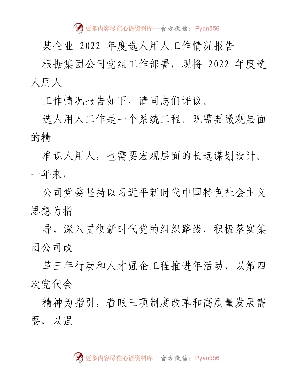 [工作总结] 企业年度工作会议 - 2022年度选人用人工作情况报告_1.docx_第1页