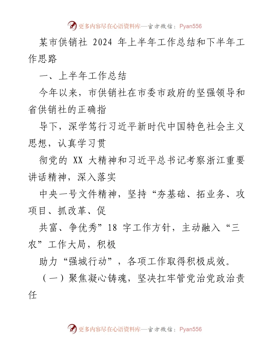 [工作总结] 供销社 - 2024年上半年工作总结与下半年工作思路.docx_第1页