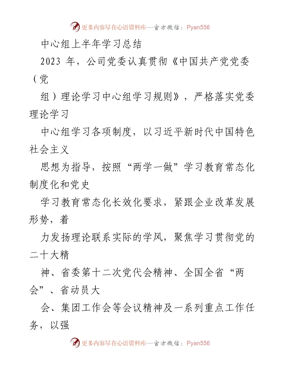 [工作总结] 党委中心组 - 2023年党委中心组上半年理论学习总结.docx_第1页