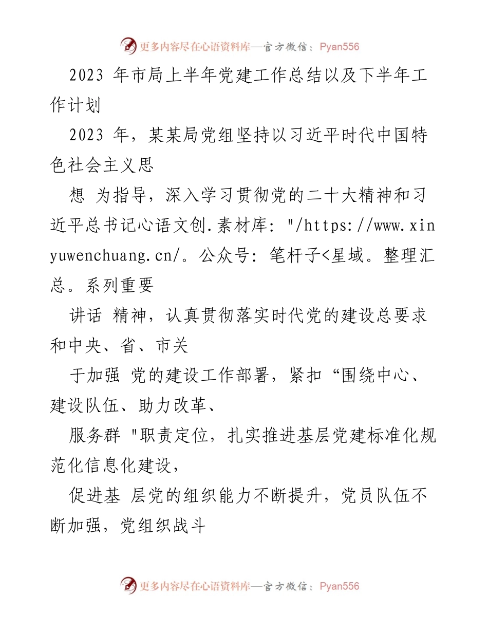 [工作总结] 党建工作 - 2023年市局上半年党建工作总结与下半年工作计划.docx_第1页