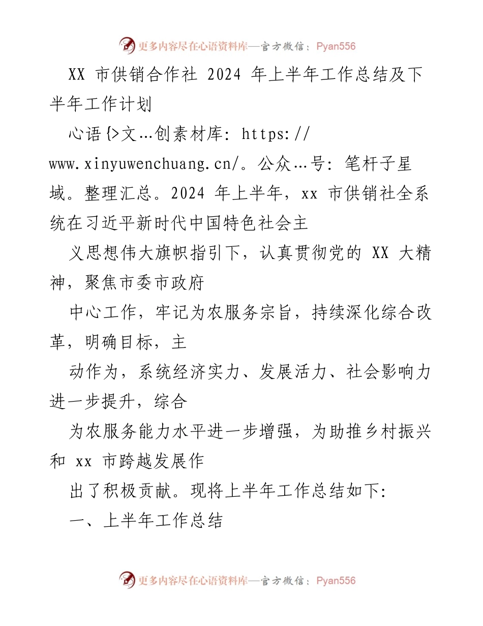 [工作总结] 供销合作社 - XX市供销合作社2024年上半年工作总结与下半年计划.docx_第1页