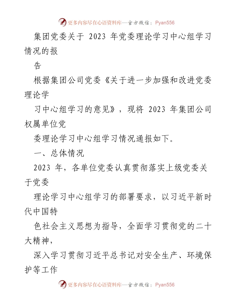 [工作总结] 党委理论学习 - 2023年集团党委理论学习中心组学习情况总结报告.docx_第1页