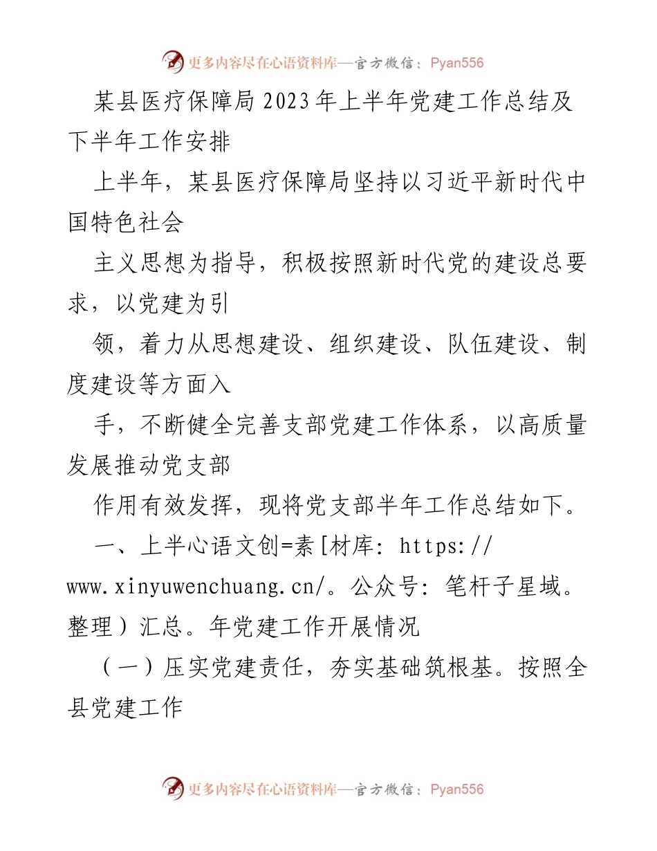 [工作总结] 党建工作 - 某县医疗保障局2023年上半年党建工作总结及下半年工作安排.docx_第1页