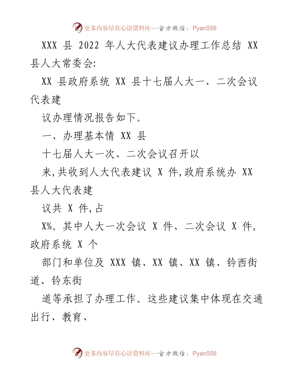 [工作总结] 人大代表建议办理 - XX县2022年人大代表建议办理工作总结.docx_第1页