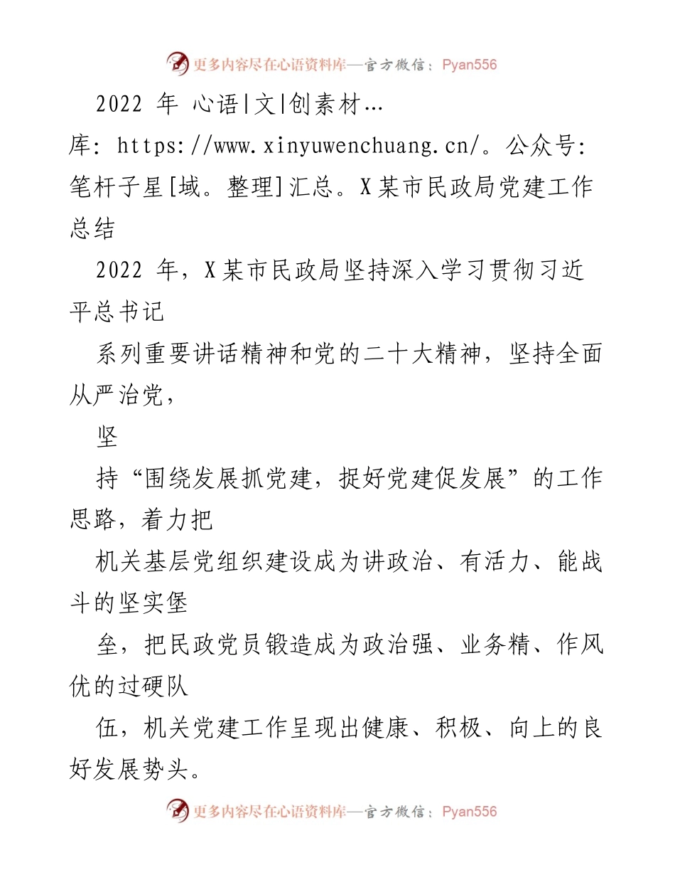 [工作总结] 党建工作 - 2022年X某市民政局党建工作总结.docx_第1页
