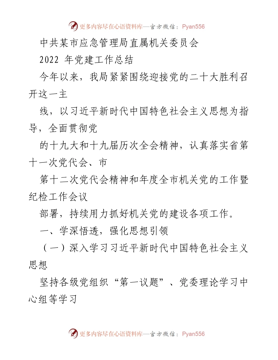 [工作总结] 党建工作 - 中共某市应急管理局2022年党建工作总结.docx_第1页