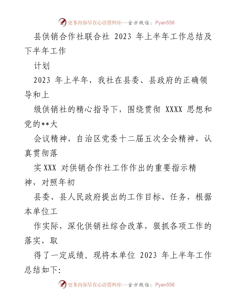 [工作总结] 供销合作社 - 2023年上半年工作总结与下半年计划.docx_第1页