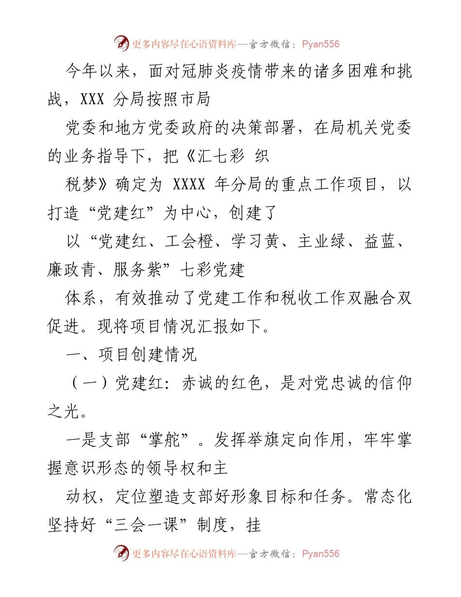 [工作总结] 党建工作 - “汇七彩 织税梦”项目实施情况汇报.docx_第1页