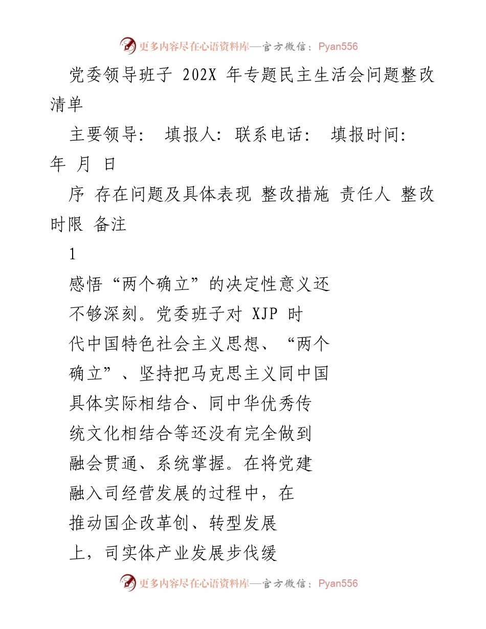 [工作总结] 党委民主生活会 - 202X年专题民主生活会问题整改清单.docx_第1页