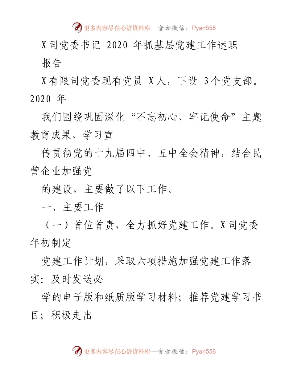 [工作总结] 党建工作 - 2020年X司党委书记抓基层党建工作述职报告.docx_第1页