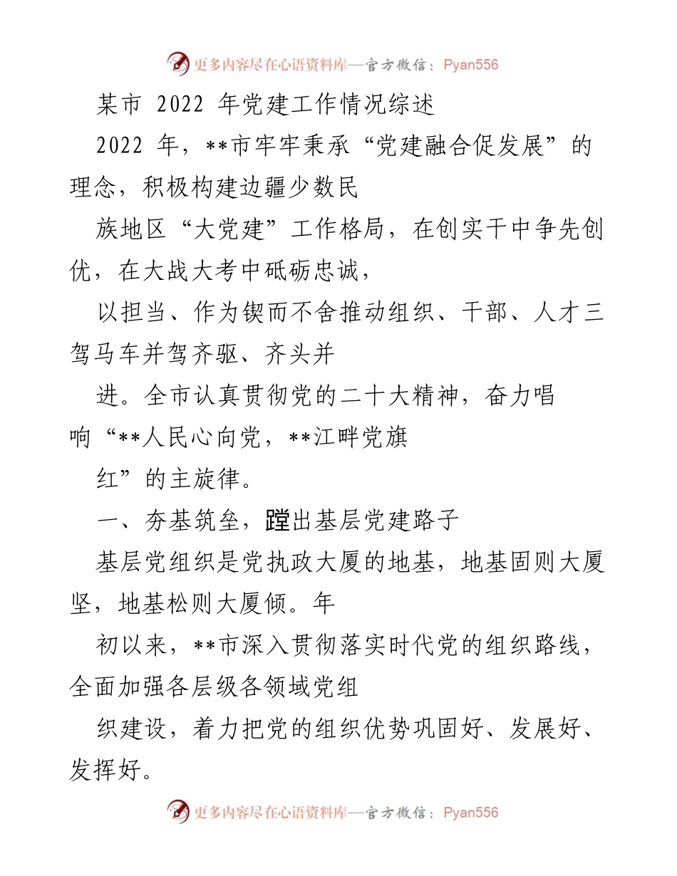 [工作总结] 党建工作 - 2022年某市党建工作情况综述_1.docx_第1页