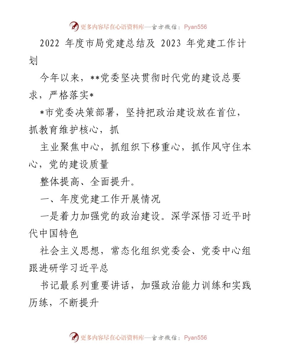 [工作总结] 党建工作 - 2022年度市局党建工作总结及2023年工作计划.docx_第1页