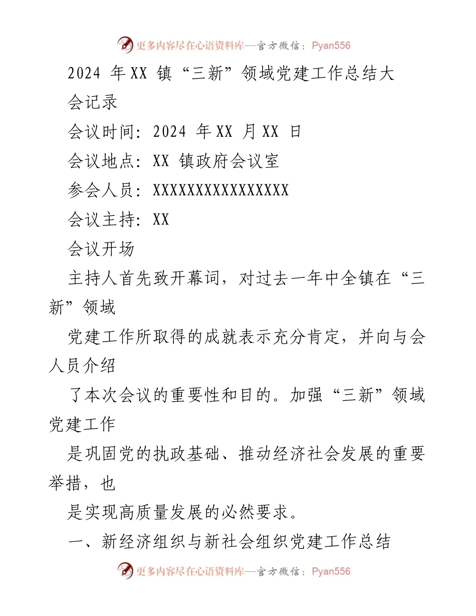 [工作总结] 会议 - 2024年XX镇“三新”领域党建工作总结会议记录.docx_第1页