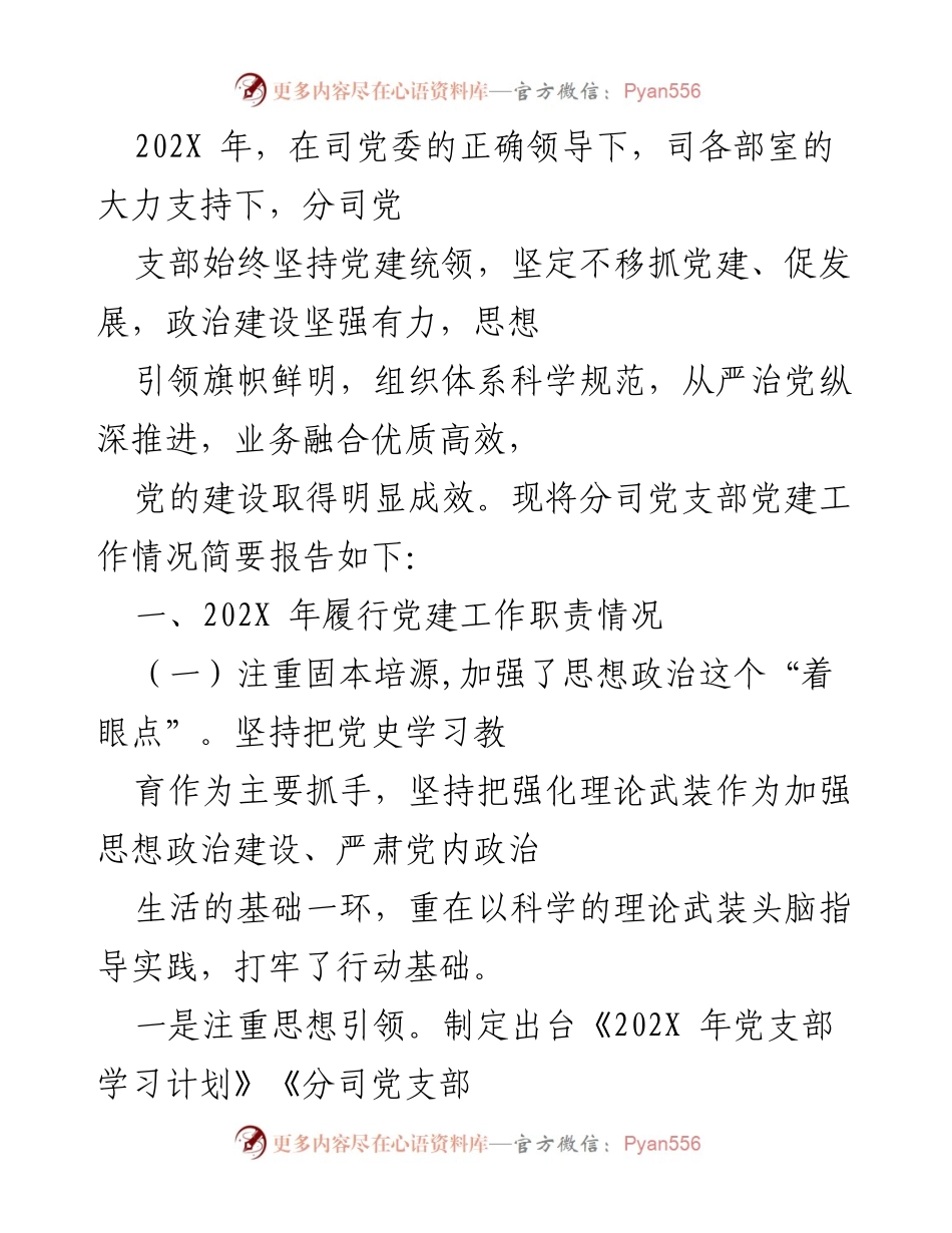 [工作总结] 党建工作 - 202X年度分司党支部党建工作总结报告.docx_第1页