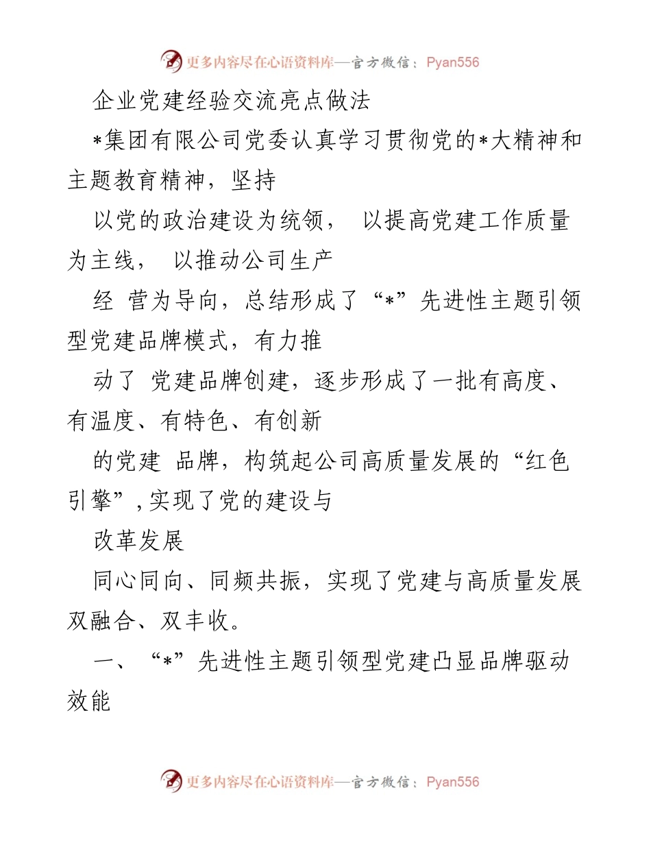 [工作总结] 企业党建经验交流 - 党建引领高质量发展：集团有限公司的先进性主题实践.docx_第1页