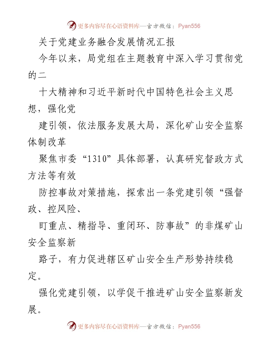 [工作总结] 党建业务融合 - 党建引领下的矿山安全监察工作总结报告.docx_第1页