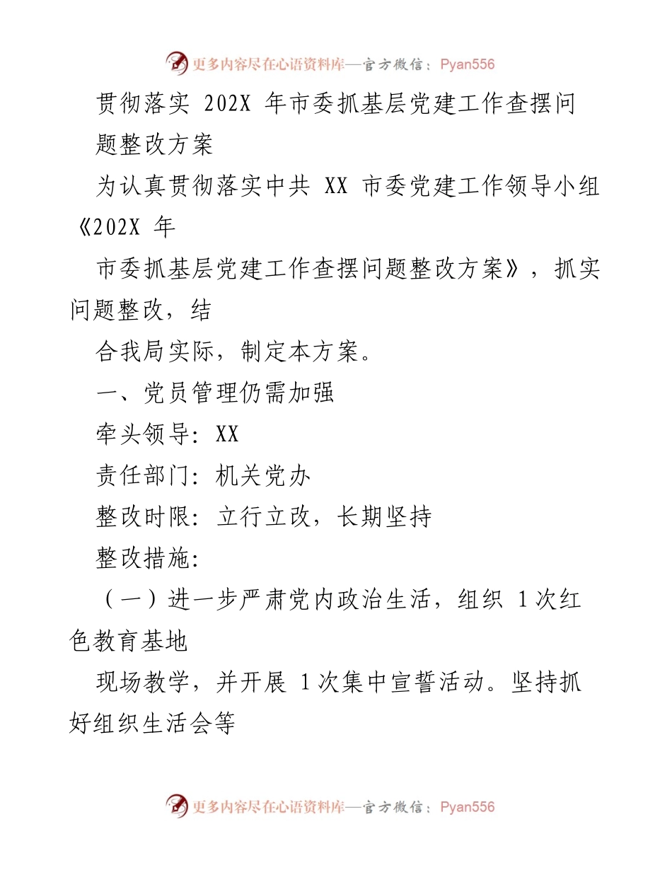 [工作总结] 党建工作 - 202X年市委基层党建问题整改方案总结.docx_第1页