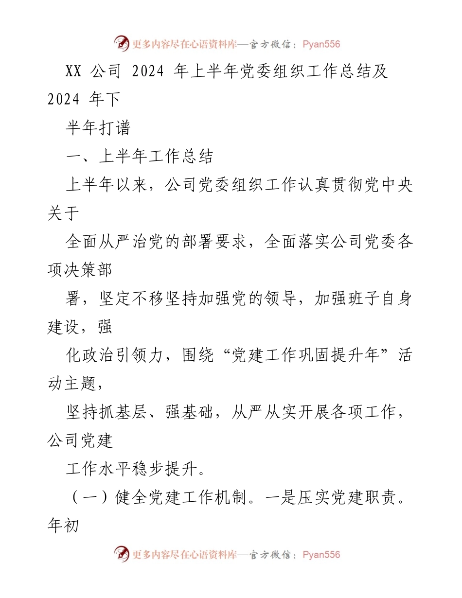 [工作总结] 党委组织工作 - XX公司2024年上半年党委组织工作总结及下半年计划.docx_第1页