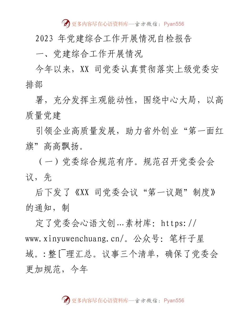 [工作总结] 党建工作 - 2023年党建综合工作开展情况自检报告_1.docx_第1页