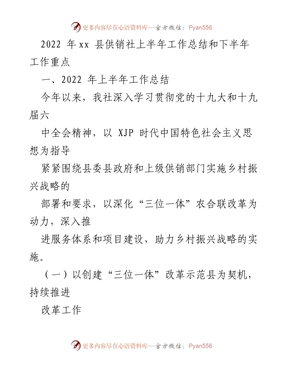[工作总结] 供销社 - 2022年上半年工作总结及下半年工作重点.docx_第1页