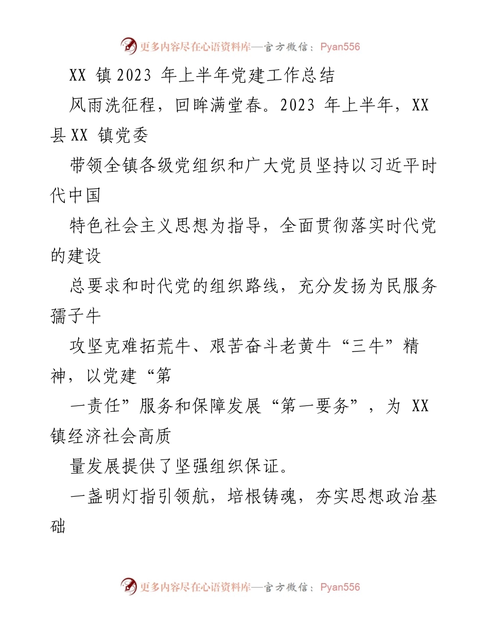 [工作总结] 党建工作 - XX 镇2023年上半年党建工作总结.docx_第1页