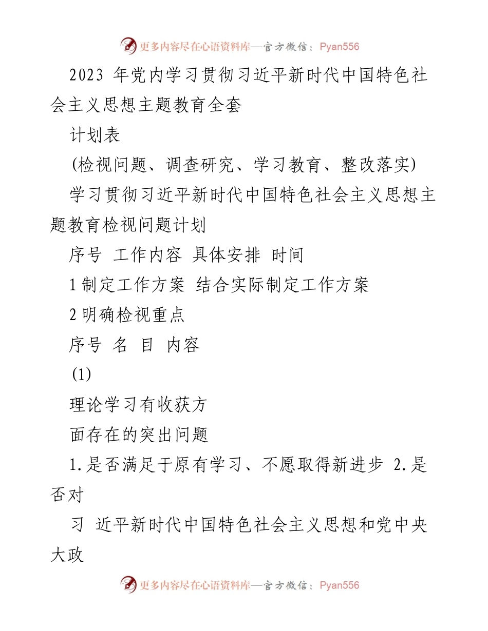 [工作总结] 党内学习 - 2023年党内学习贯彻习近平新时代中国特色社会主义思想主题教育检视问题计划.docx_第1页