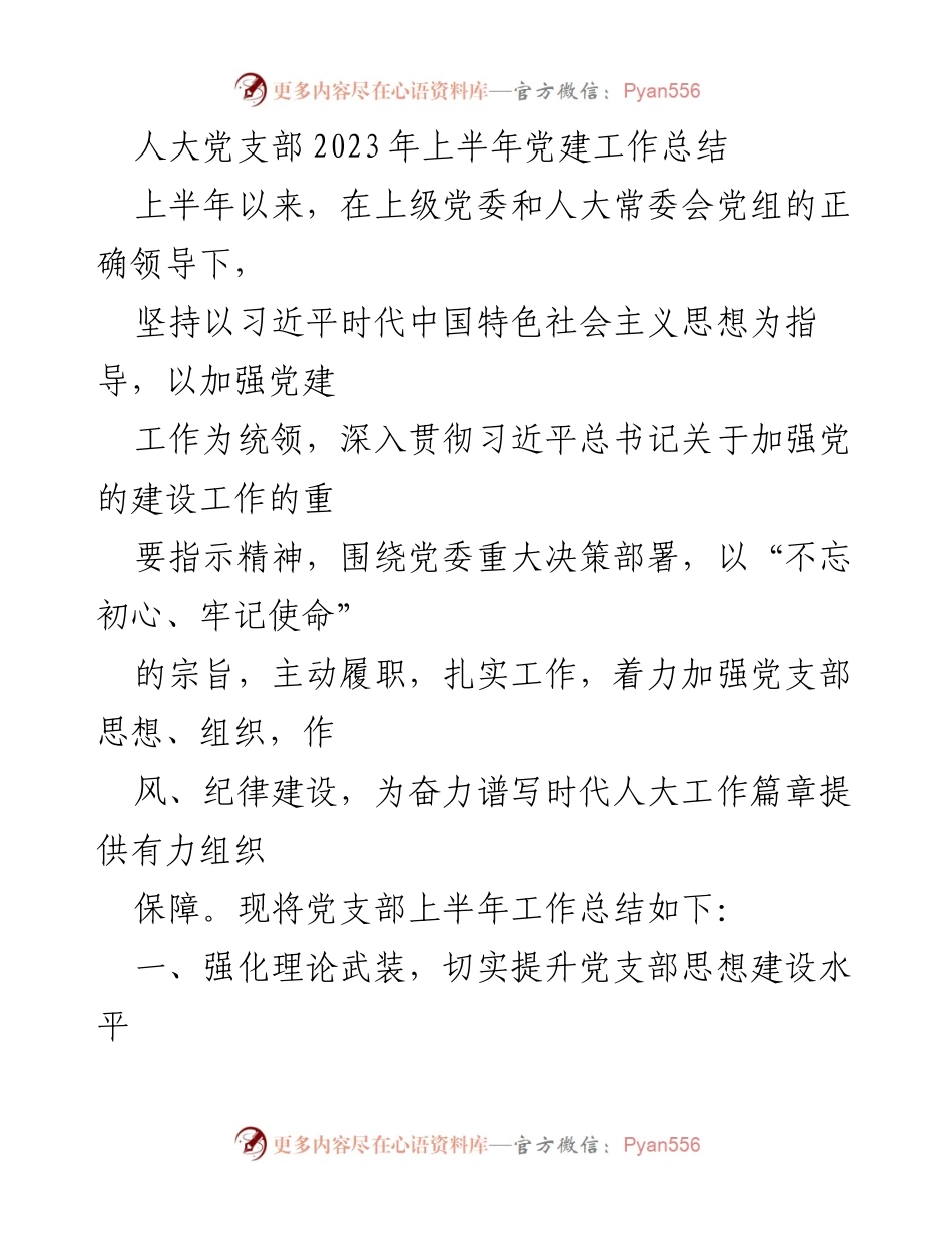 [工作总结] 人大党支部 - 2023年上半年党建工作总结与成效分析_1.docx_第1页