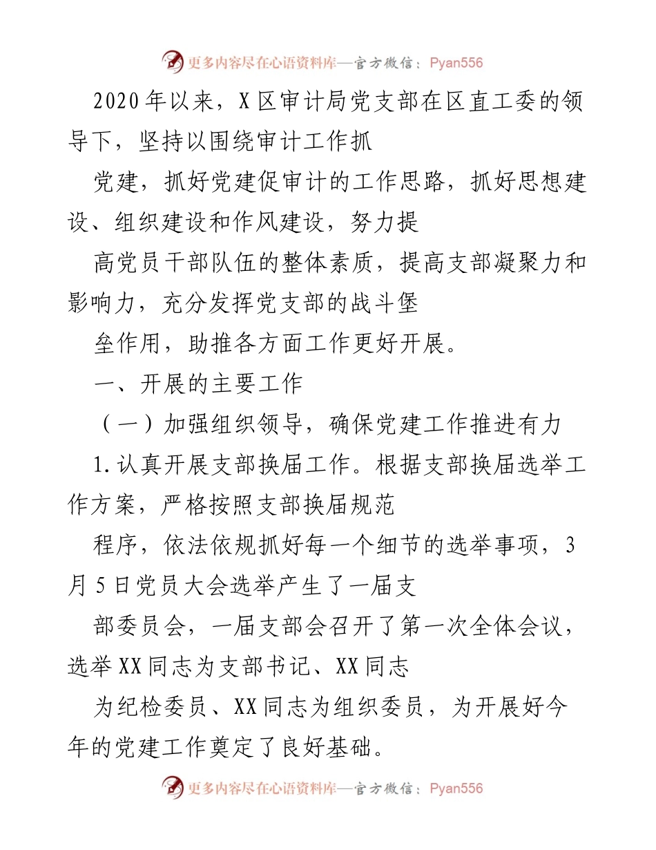 [工作总结] 党建工作 - X区审计局党支部党建工作总结与成效分析.docx_第1页