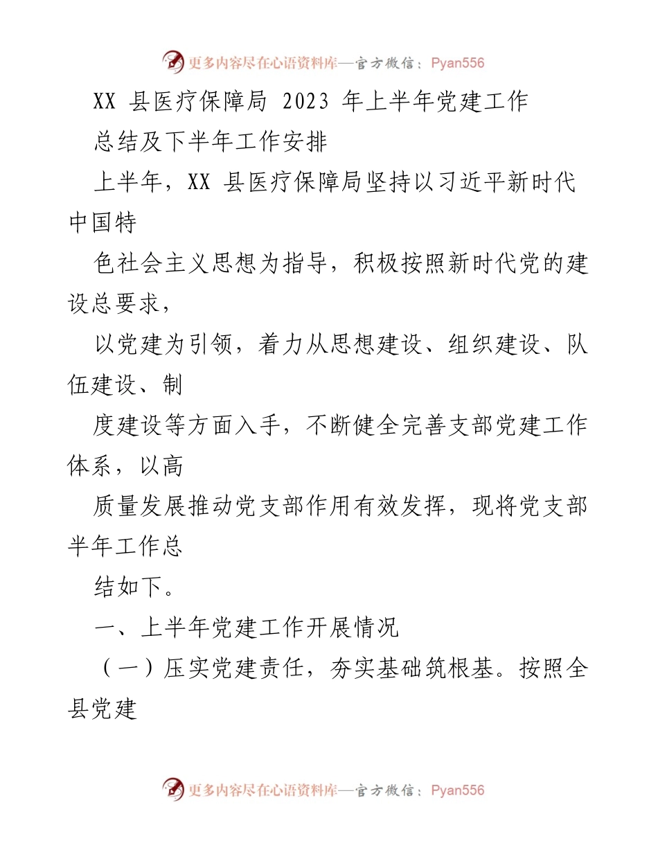 [工作总结] 党建工作 - XX县医疗保障局2023年上半年党建工作总结及下半年工作安排.docx_第1页