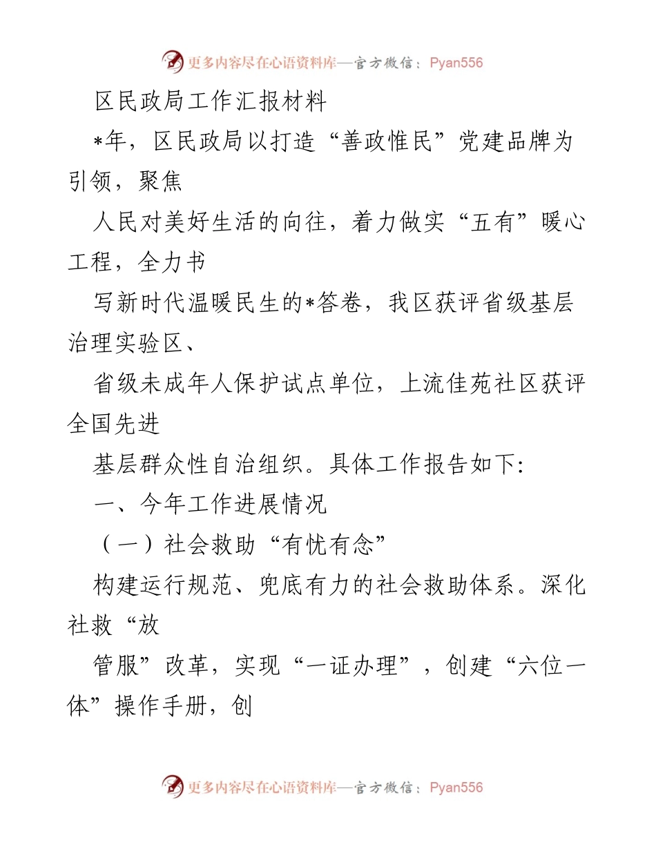 [工作总结] 区民政局 - 区民政局年度工作汇报与民生服务成效分析.docx_第1页