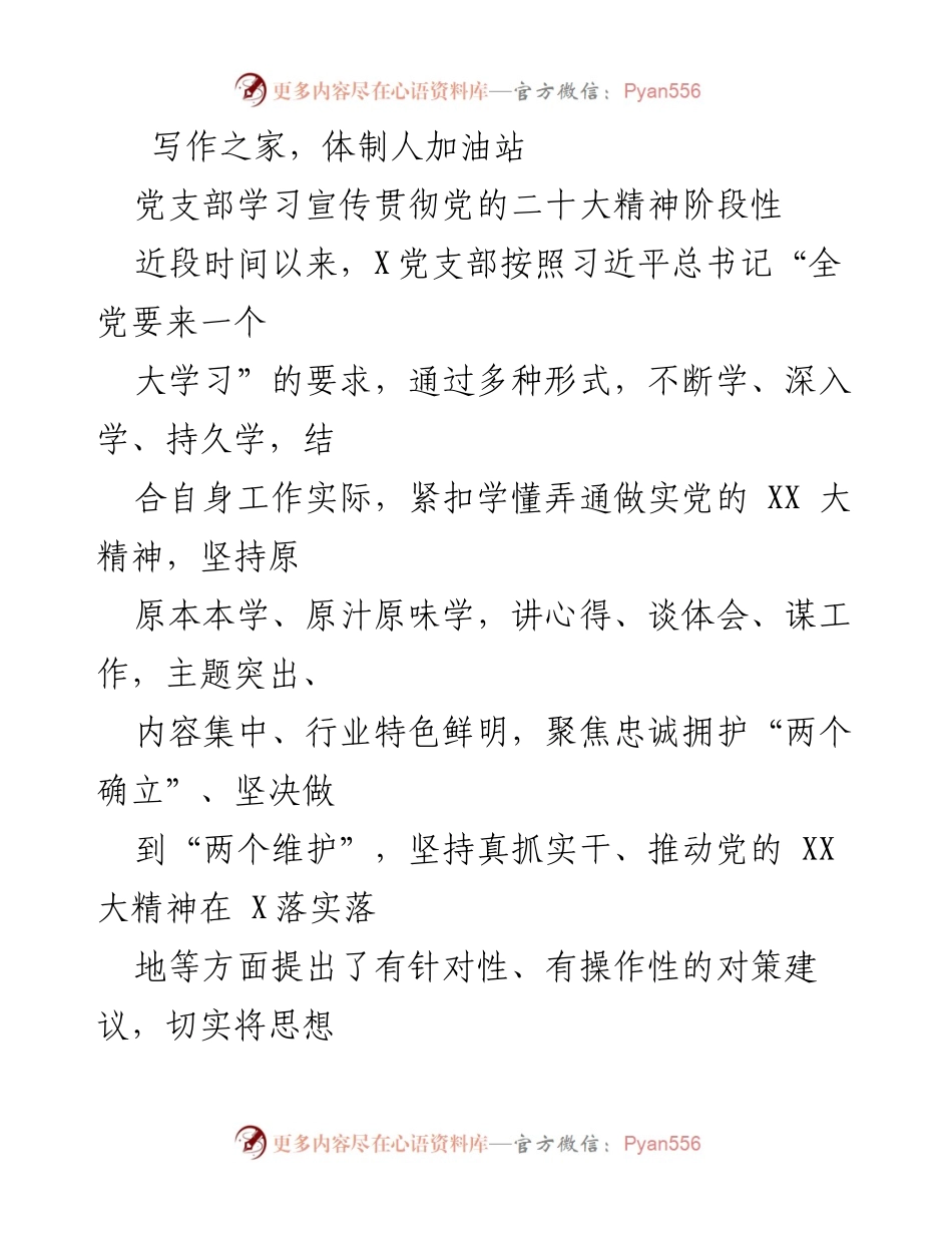 [工作总结] 党支部学习 - 贯彻党的二十大精神的阶段性总结.docx_第1页