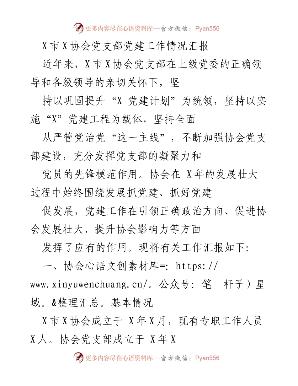 [工作总结] 党建工作汇报 - X市X协会党支部党建工作情况总结报告.docx_第1页