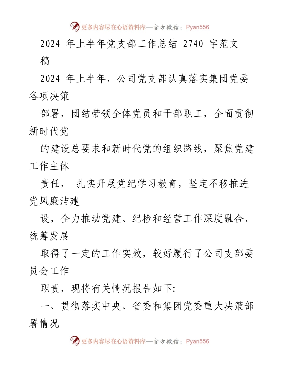 [工作总结] 党支部 - 2024年上半年党支部工作总结与成效报告.docx_第1页