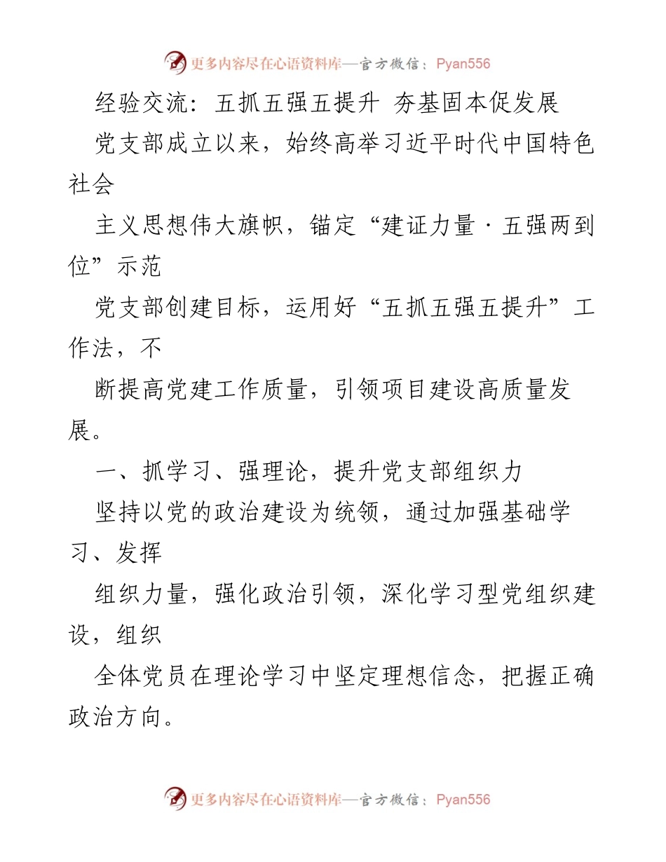 [工作总结] 党支部经验交流会 - 夯实基础，提升党建工作质量推动项目高质量发展.docx_第1页